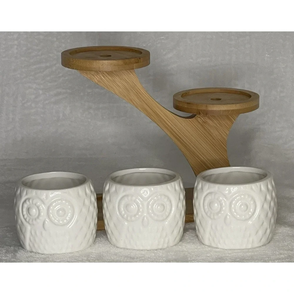 3pcs White Owl Succulent Pots with 3 Tier Bamboo Saucers Stand Holder Cacti Herb
